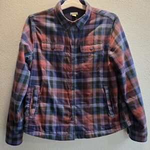 L.L.Bean Fleece Lined Flannel Shirt Jacket Womens Small Petite Plaid‎ Snap Chore